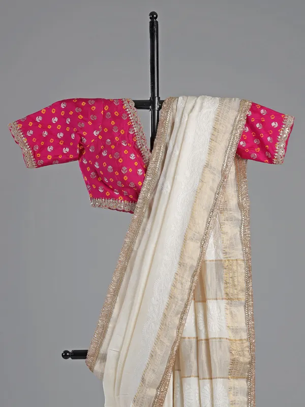 White cotton silk saree with designer blouse