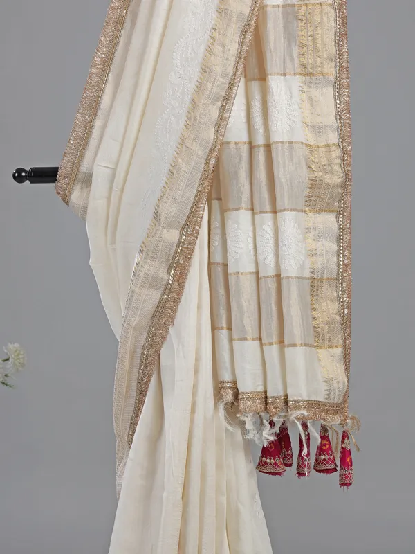 White cotton silk saree with designer blouse