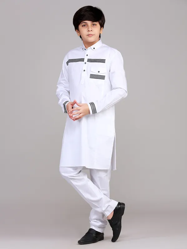 White cotton solid boys pathani suit