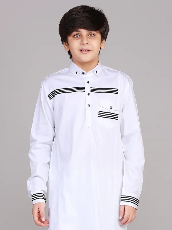 White cotton solid boys pathani suit