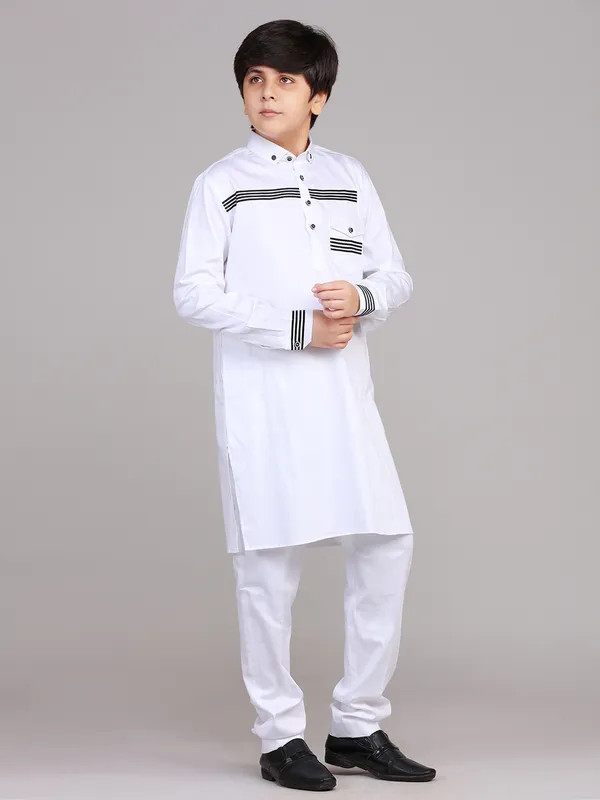 White cotton solid boys pathani suit