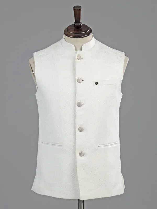 White cotton texture waistcoat for men