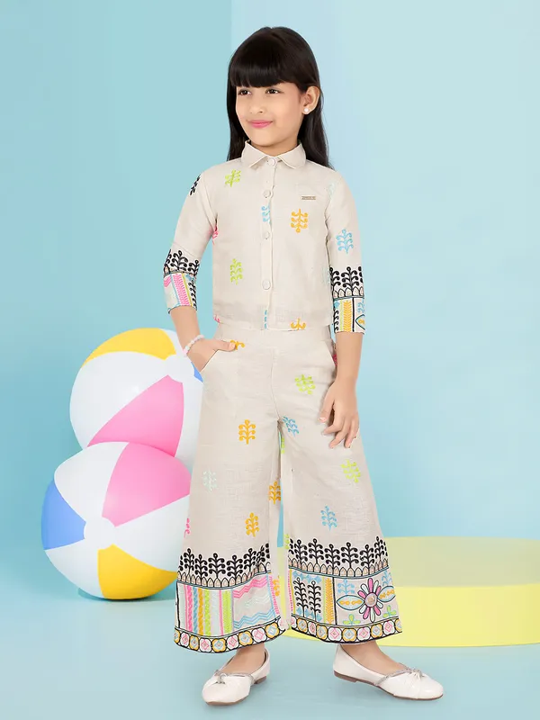 White cotton thread work palazzo co-ord set
