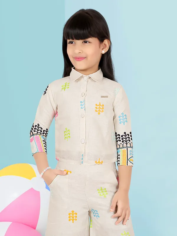 White cotton thread work palazzo co-ord set