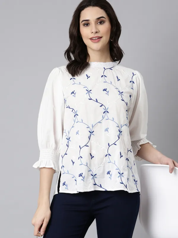 White cotton top with thread work