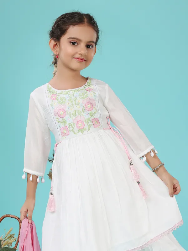 White crepe silk dhoti salwar suit for girls