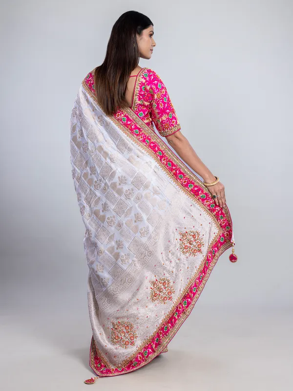 White dola silk saree readymade pink blouse