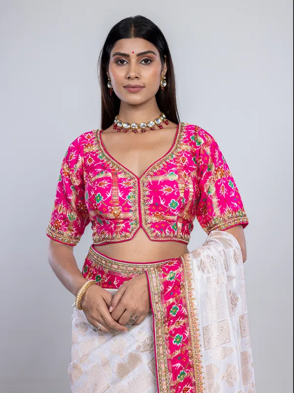 White dola silk saree readymade pink blouse
