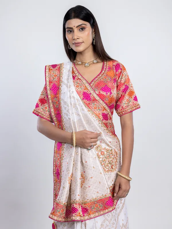 White dola silk saree with readymade  blouse