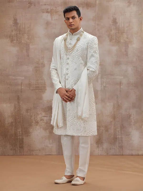 White dola silk sherwani with dupatta for wedding