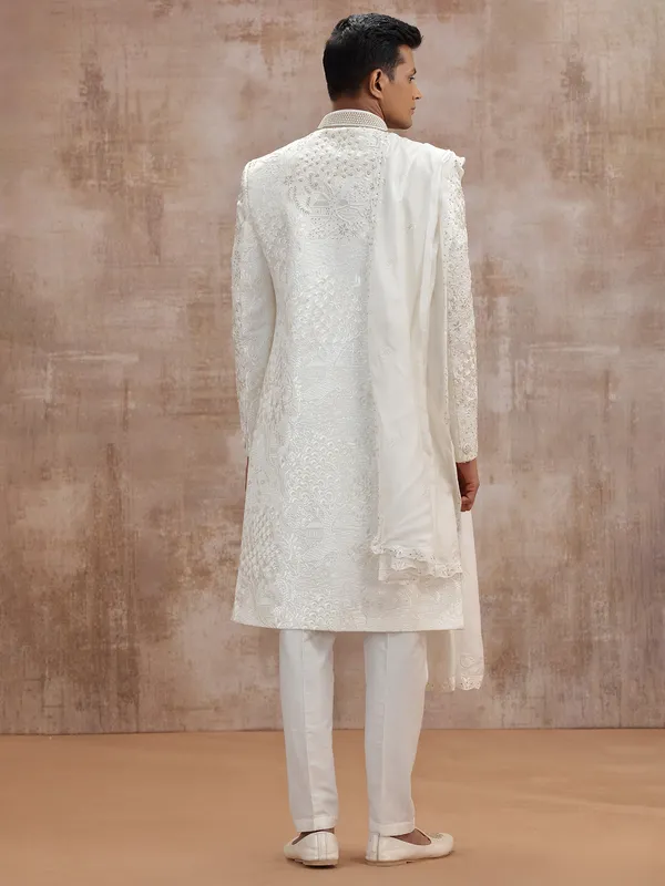 White dola silk sherwani with dupatta for wedding