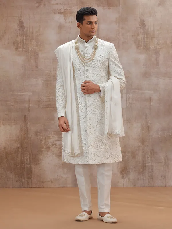 White dola silk sherwani with dupatta for wedding