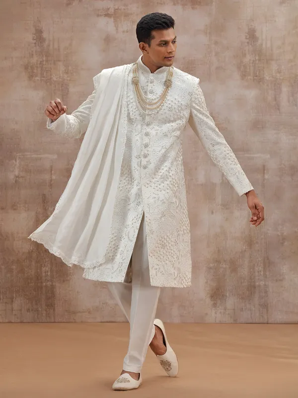White dola silk sherwani with dupatta for wedding