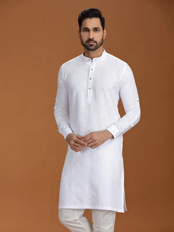 White embroidered linen kurta set for mens