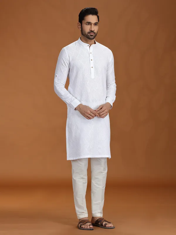 White embroidered linen kurta set for mens