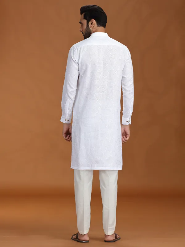 White embroidered linen kurta set for mens