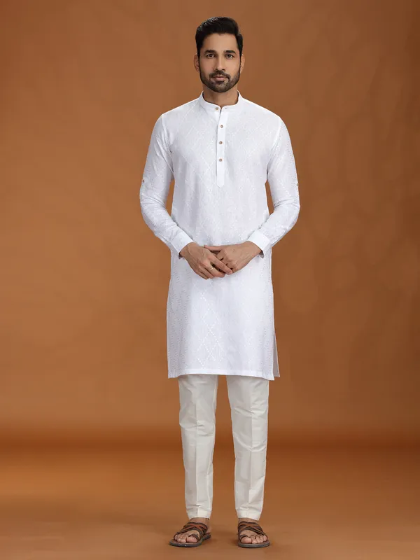 White embroidered linen kurta set for mens