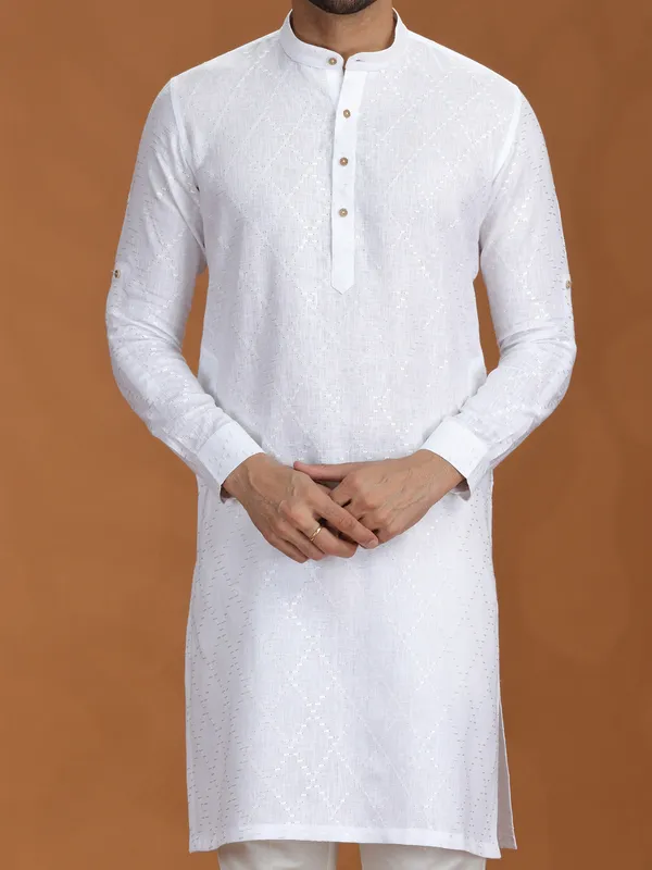 White embroidered linen kurta set for mens