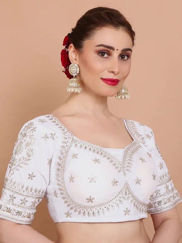 White embroidered silk elbow sleeves ready made blouse