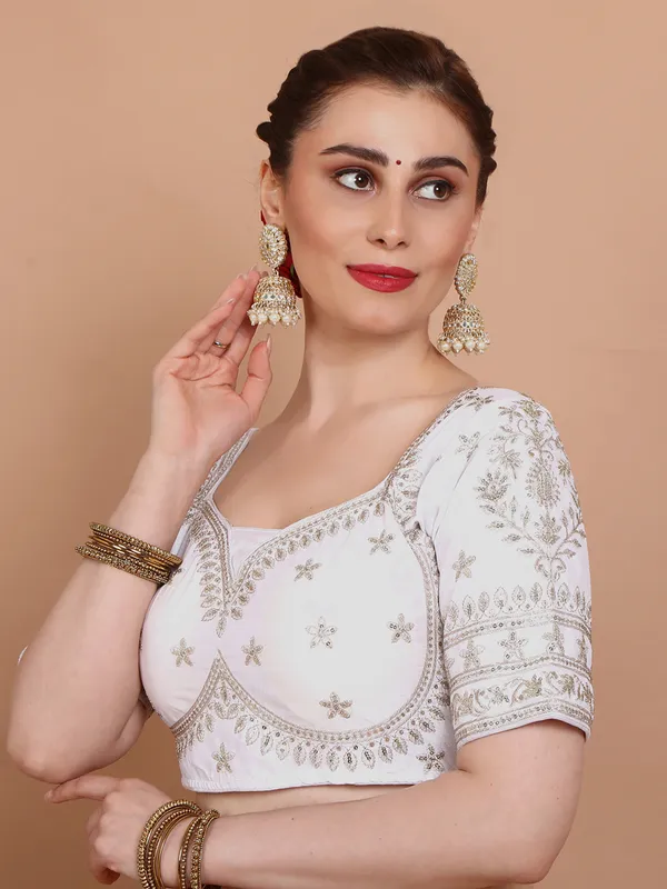 White embroidered silk elbow sleeves ready made blouse