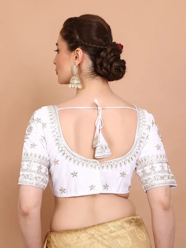 White embroidered silk elbow sleeves ready made blouse