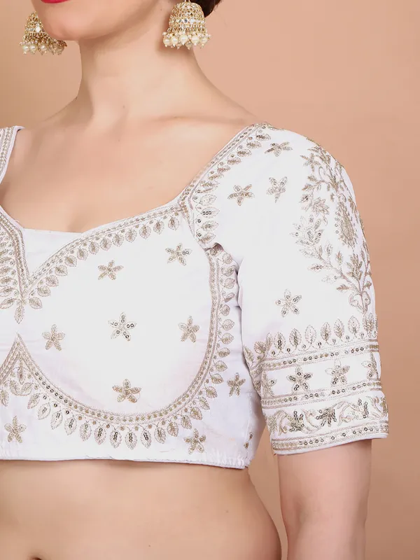White embroidered silk elbow sleeves ready made blouse
