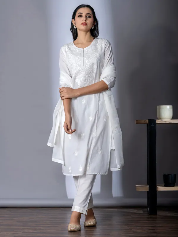 White embroidery kurti set for women in cotton