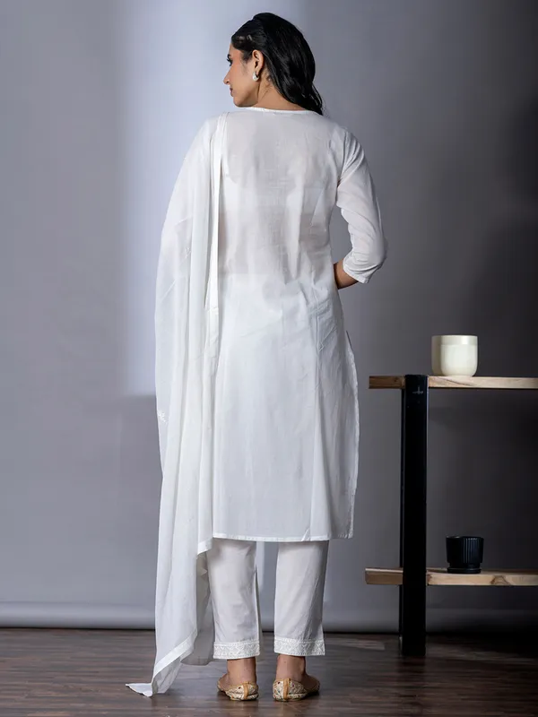 White embroidery kurti set for women in cotton
