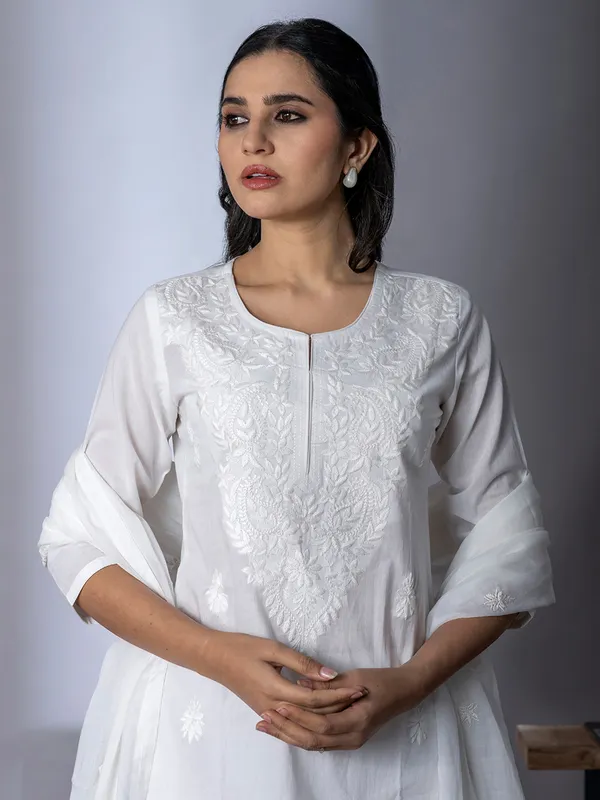 White embroidery kurti set for women in cotton