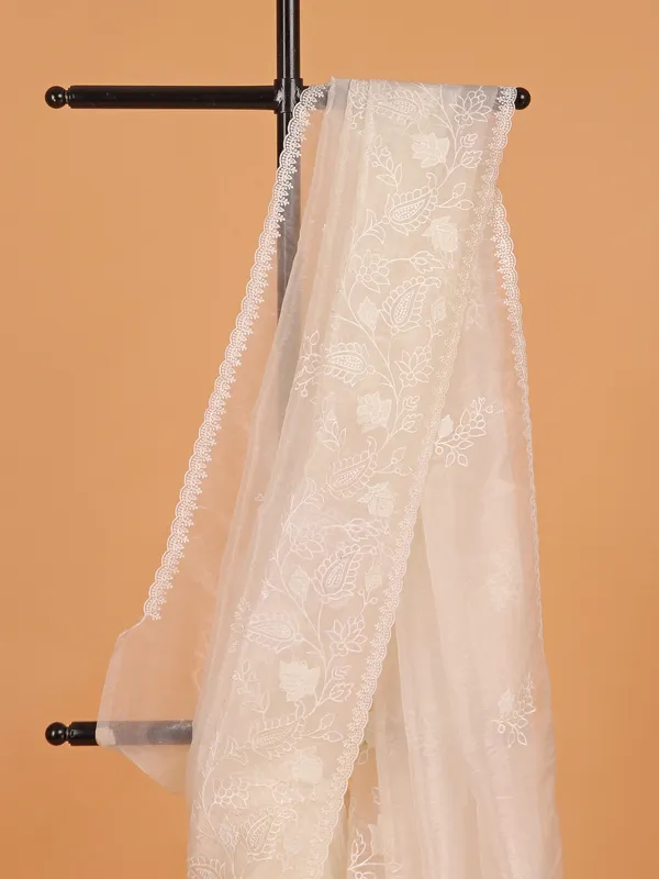 White embroidery organza saree for women