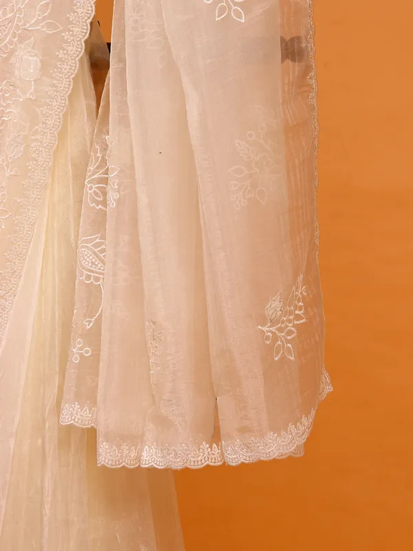 White embroidery organza saree for women