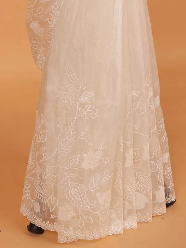 White embroidery organza saree for women