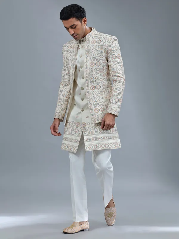 White embroidery terry rayon indowestern