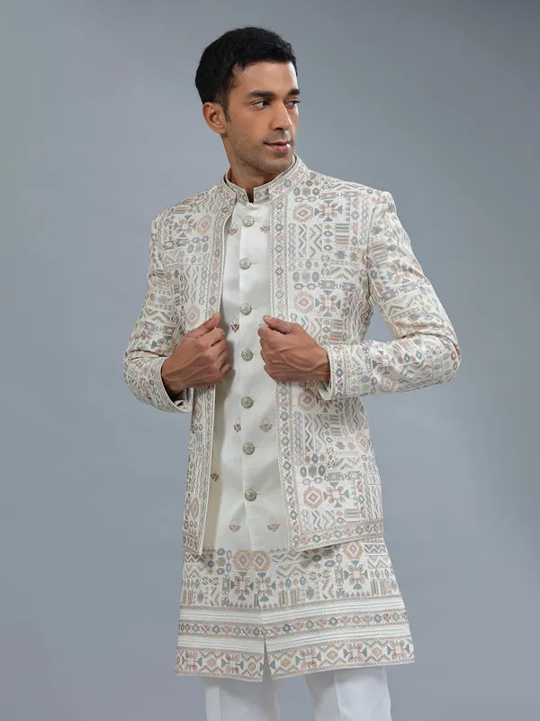 White embroidery terry rayon indowestern