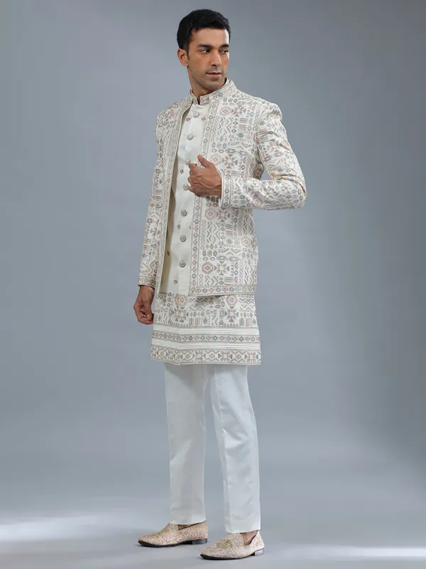White embroidery terry rayon indowestern
