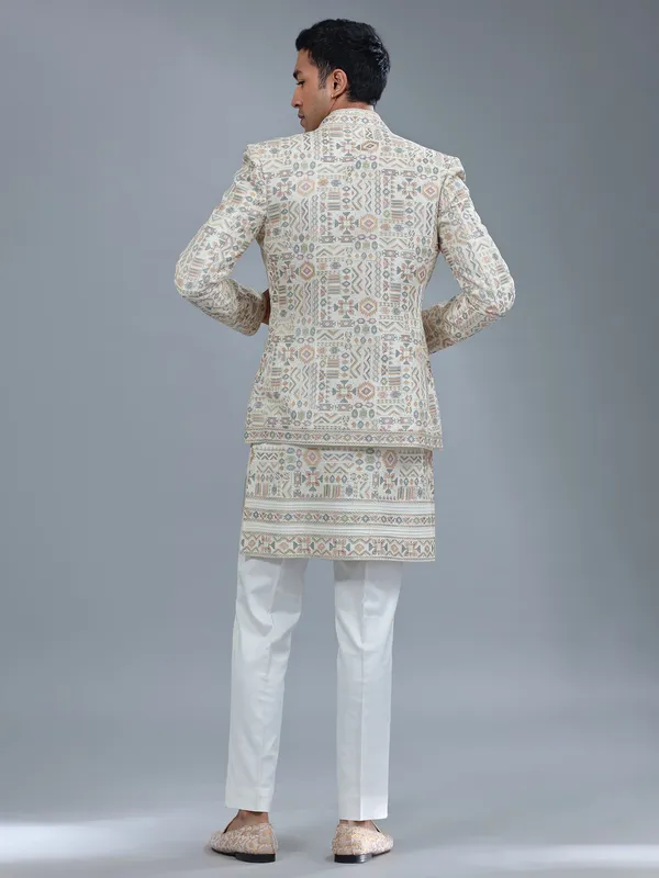 White embroidery terry rayon indowestern