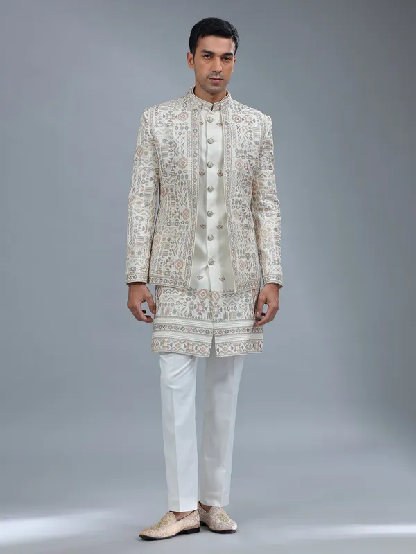 White embroidery terry rayon indowestern
