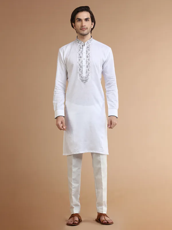 White festive kurta suit in linen