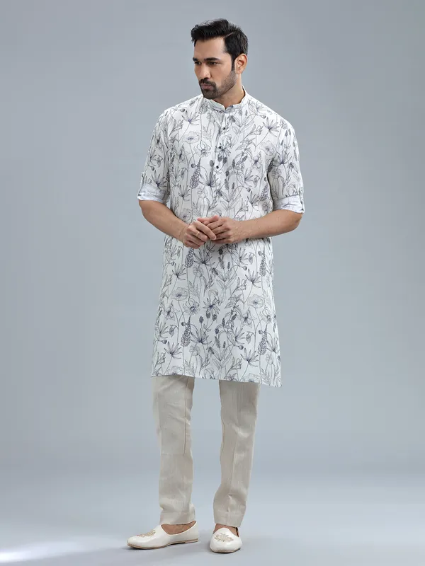 White fine linen printed kurta suit
