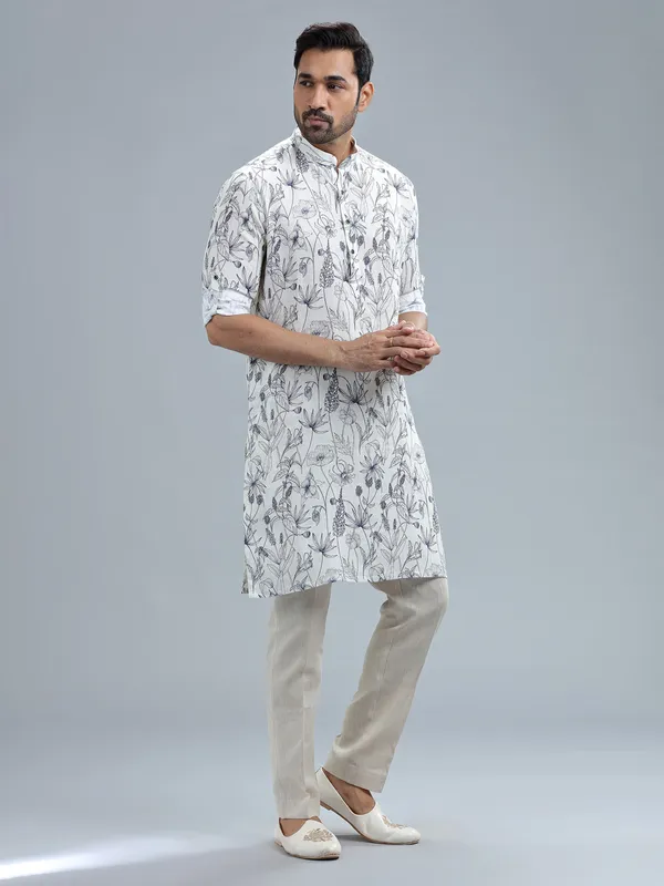 White fine linen printed kurta suit