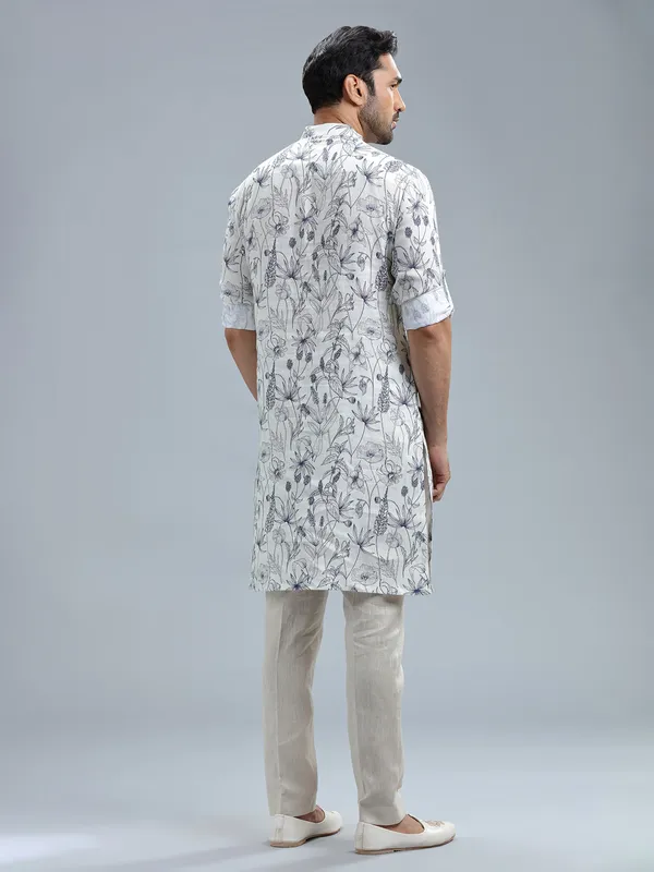 White fine linen printed kurta suit
