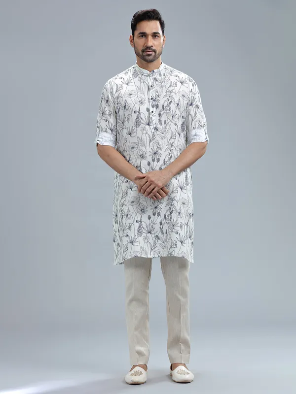 White fine linen printed kurta suit