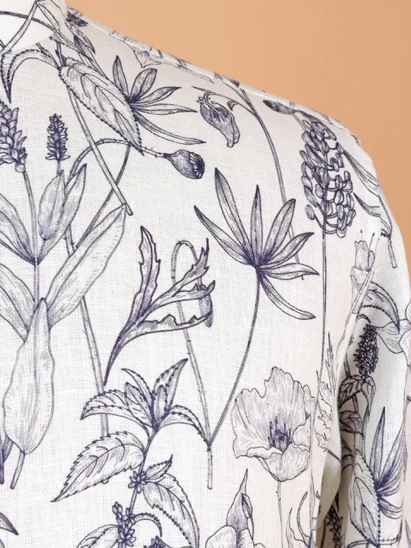 White floral print cotton kurta for men