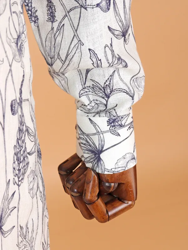 White floral print cotton kurta for men
