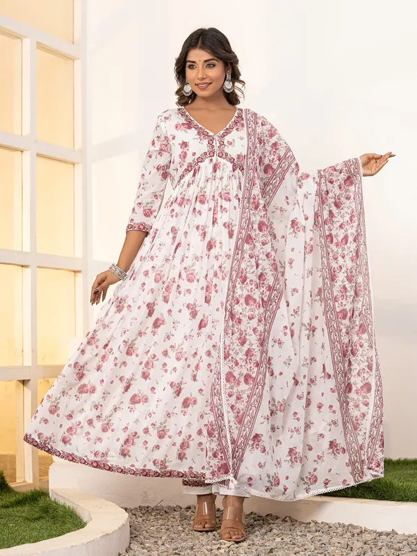 white floral print cotton kurti set