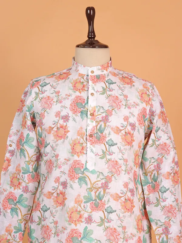 White floral printed cotton kurta for men