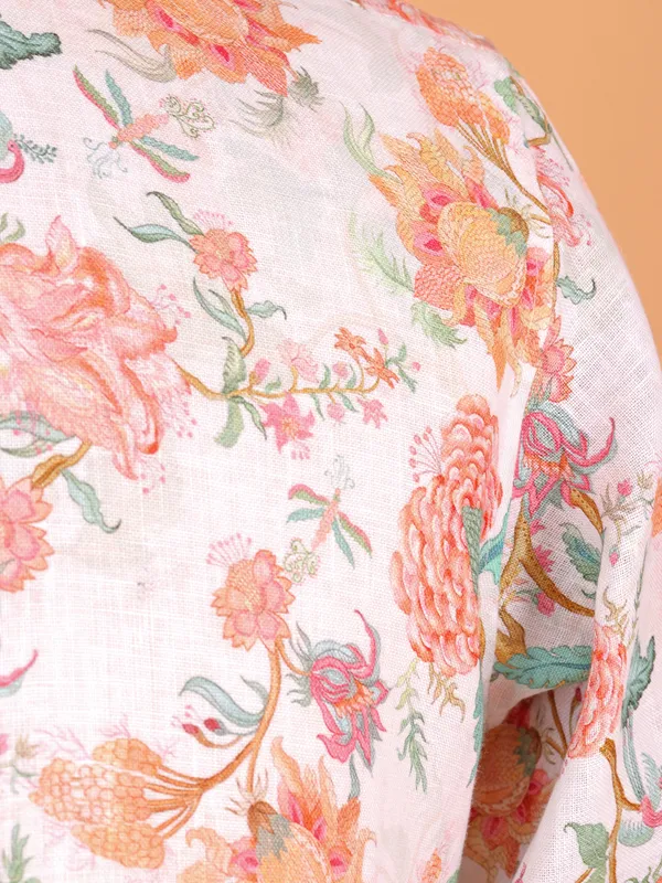 White floral printed cotton kurta for men