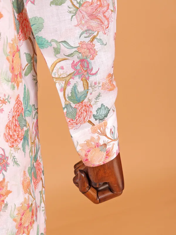 White floral printed cotton kurta for men