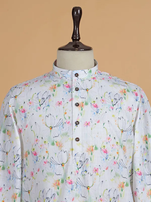 White floral printed cotton silk kurta suit for festive