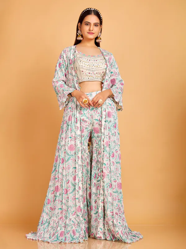 White floral printed jacket style sharara suit